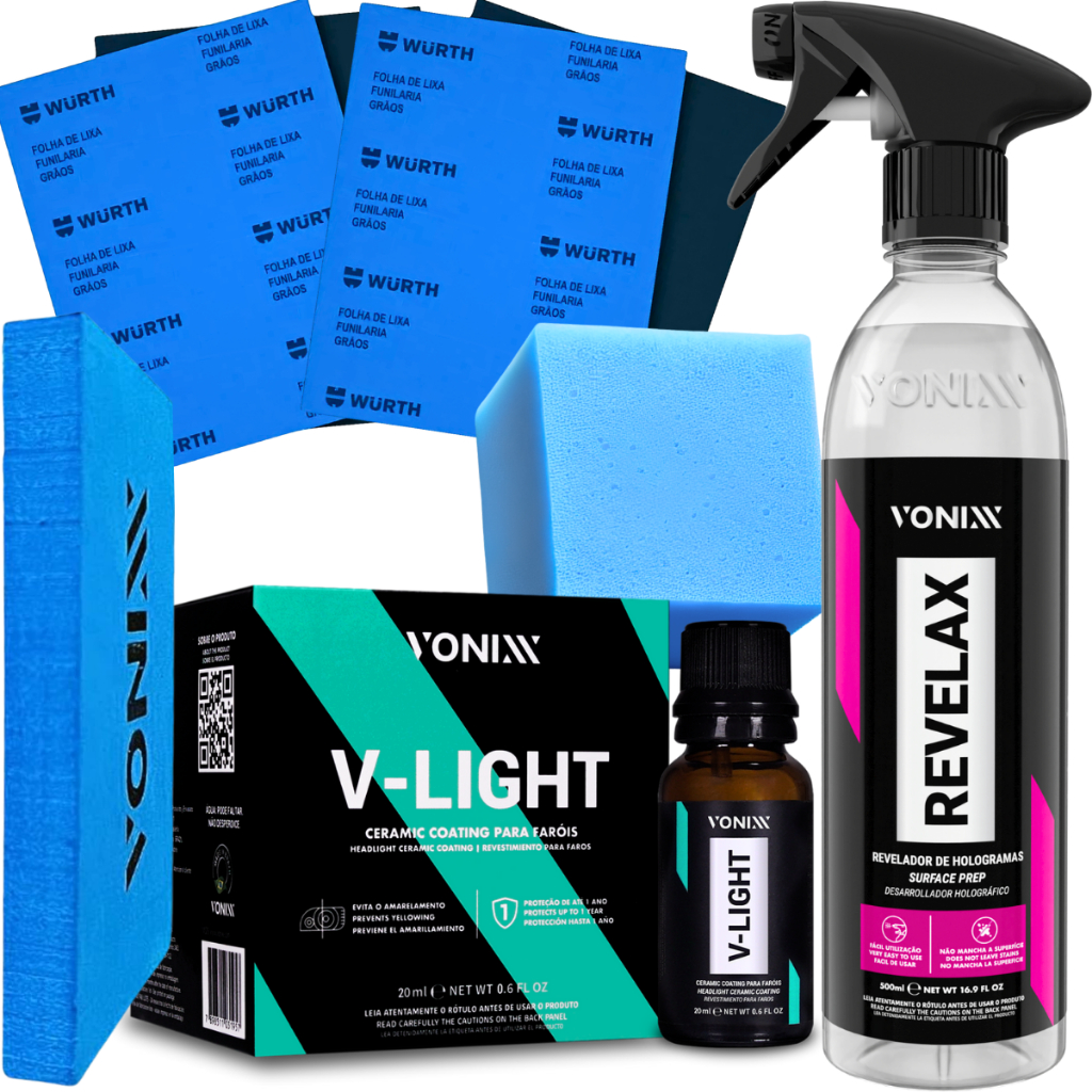 KIT PARA POLIMENTO DE FAROL REVELAX LIXA VITRIFICADOR V-LIGHT 20ML VONIXX - Spare Parts and Accessories for Vehicles
