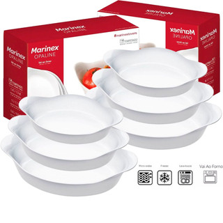 Kit 06/03  Forma Opaline oval Assadeira Marinex PMG Conjunto de Vidro Branco Receitas Sobremesa