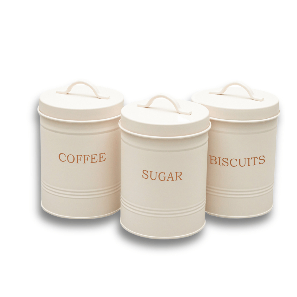Conjunto Porta Mantimentos 3 Peças Cafe Açucar Biscoitos Tampa Aço 11 cm Organização Cozinha Premium em Oferta na Shopee