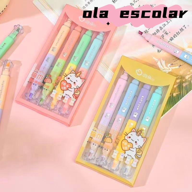 Kit 4 Peças com 8 Cores Marca Texto Ponta Dupla Gatinho Unicórnio (WD-1870B/WD-1870A) / Papelaria Criativa