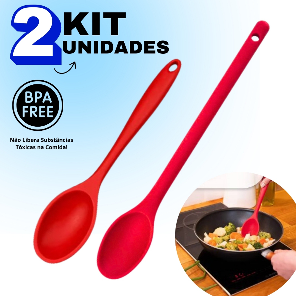 Jogo 2 Colheres de Silicone 26,8cm E 30cm Grande e Pequena Não Risca Panela