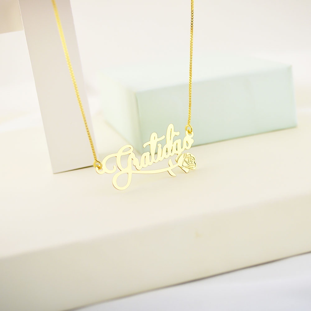 Colar Feminino Corrente Gargantilha Pingente Dourado Com Nome Gratidão Folheado Banhado A Ouro 18k