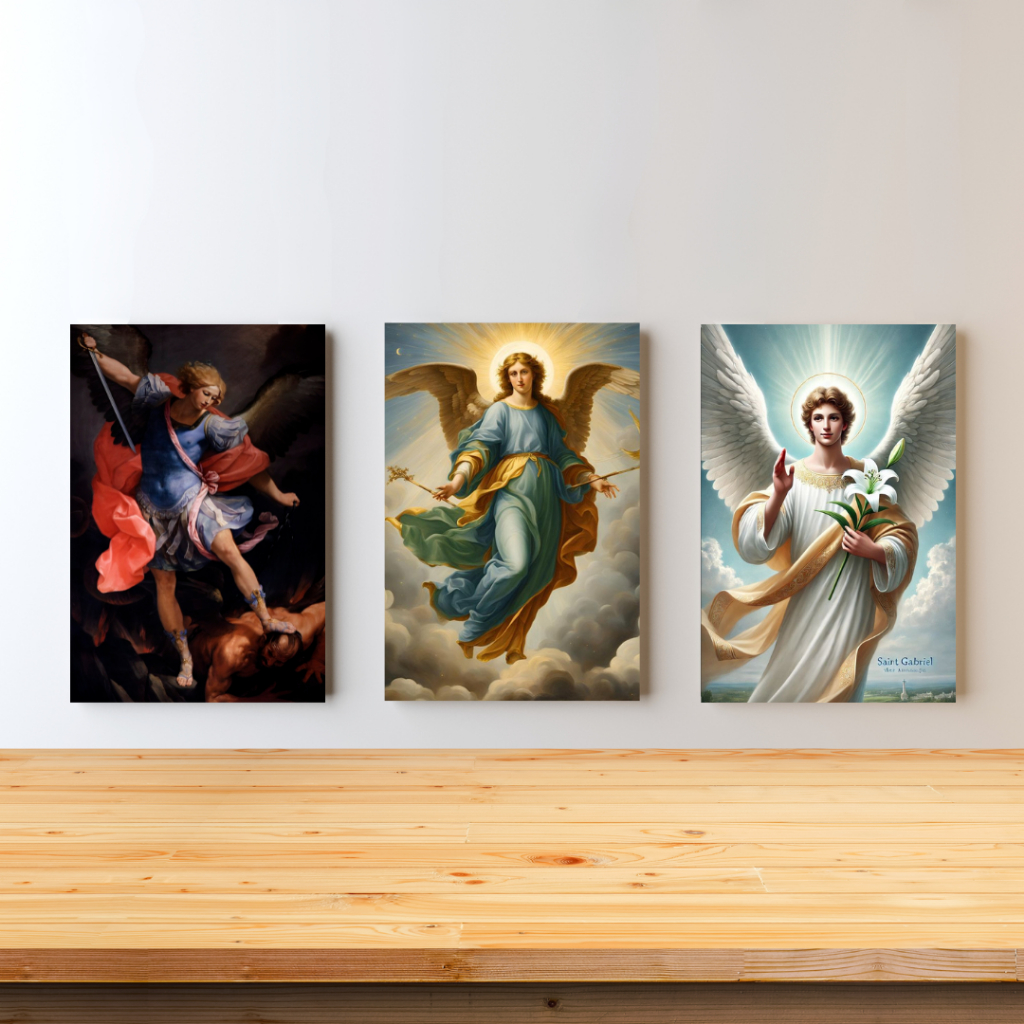 kit 3 quadros decorativos dos arcanjos São rafael, são miguel, são gabriel mdf 20x28