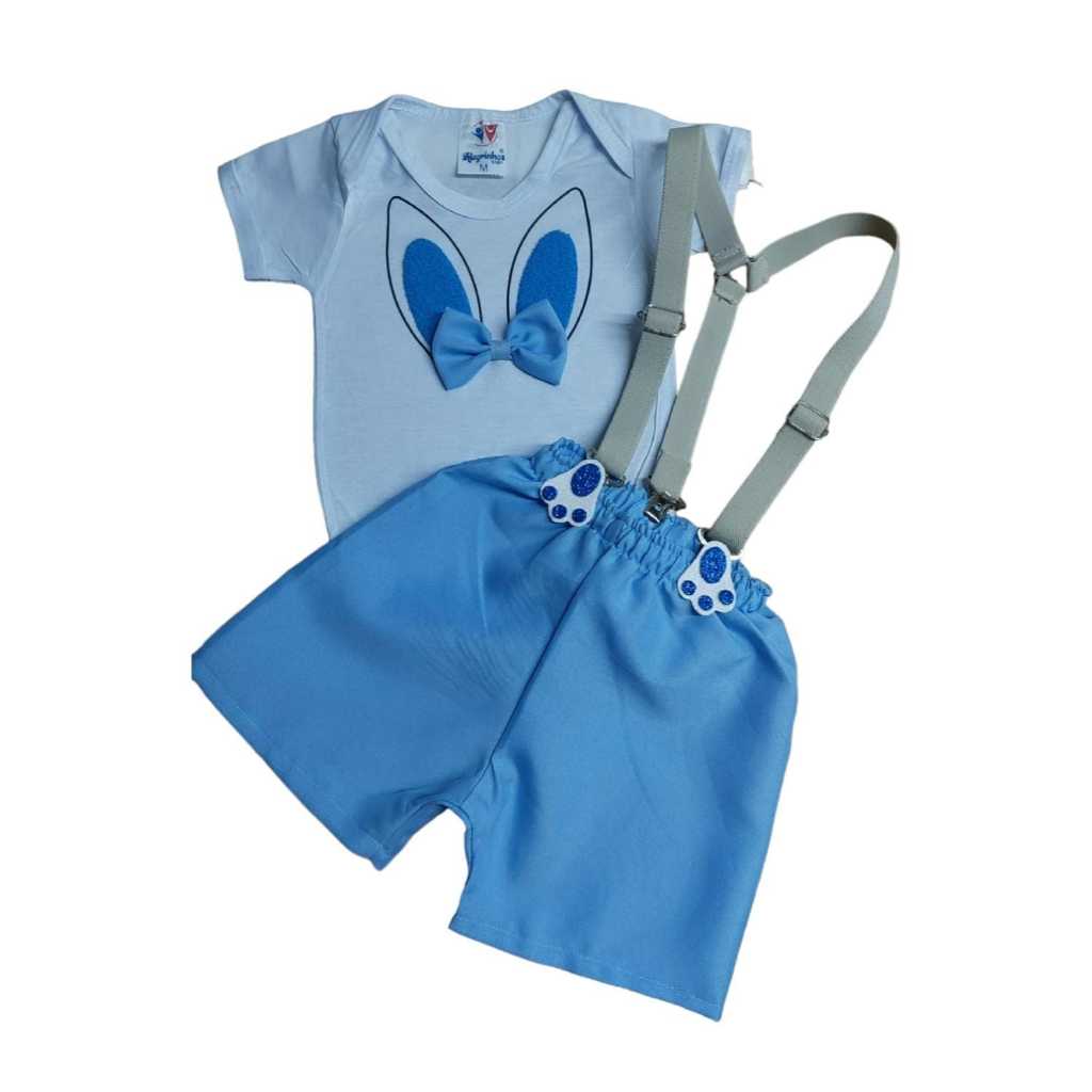 Fantasia Coelhinho Menino Infantil Roupa Bebê Festa Mesversário Páscoa Body Coelho Ensaio Fotos, Short e Suspensório