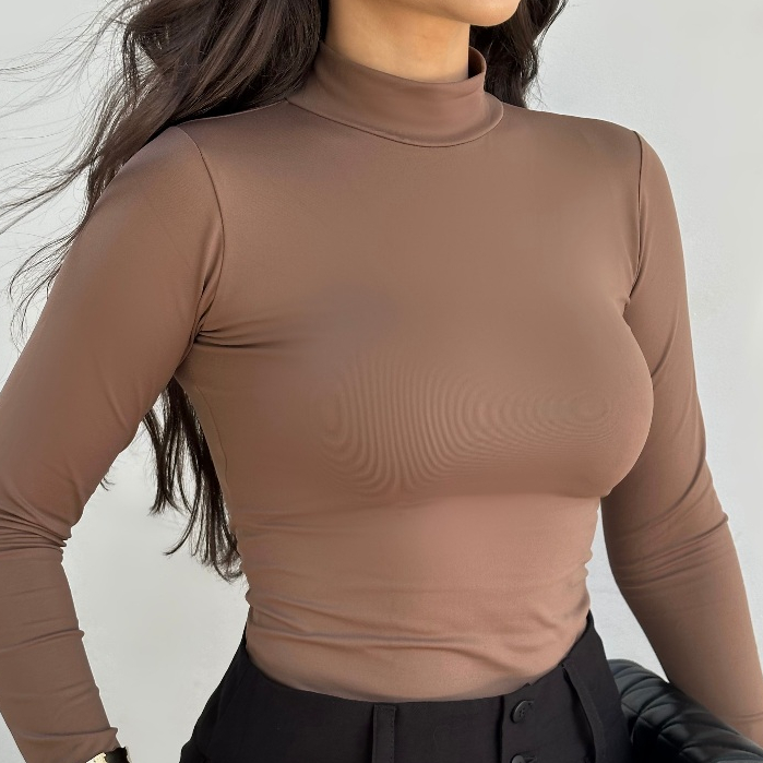 Manga Longa Blusa Feminina Frio Lisa Neutra Manga Comprida Inverno Mocha Segunda Pele Gola...