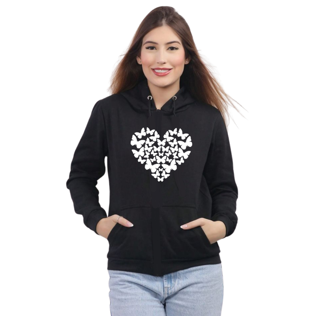 Moletom Feminino Blusa De Frio Outono Inverno Coração Borboletas Estampada Malha Algodão Flanelada Quente