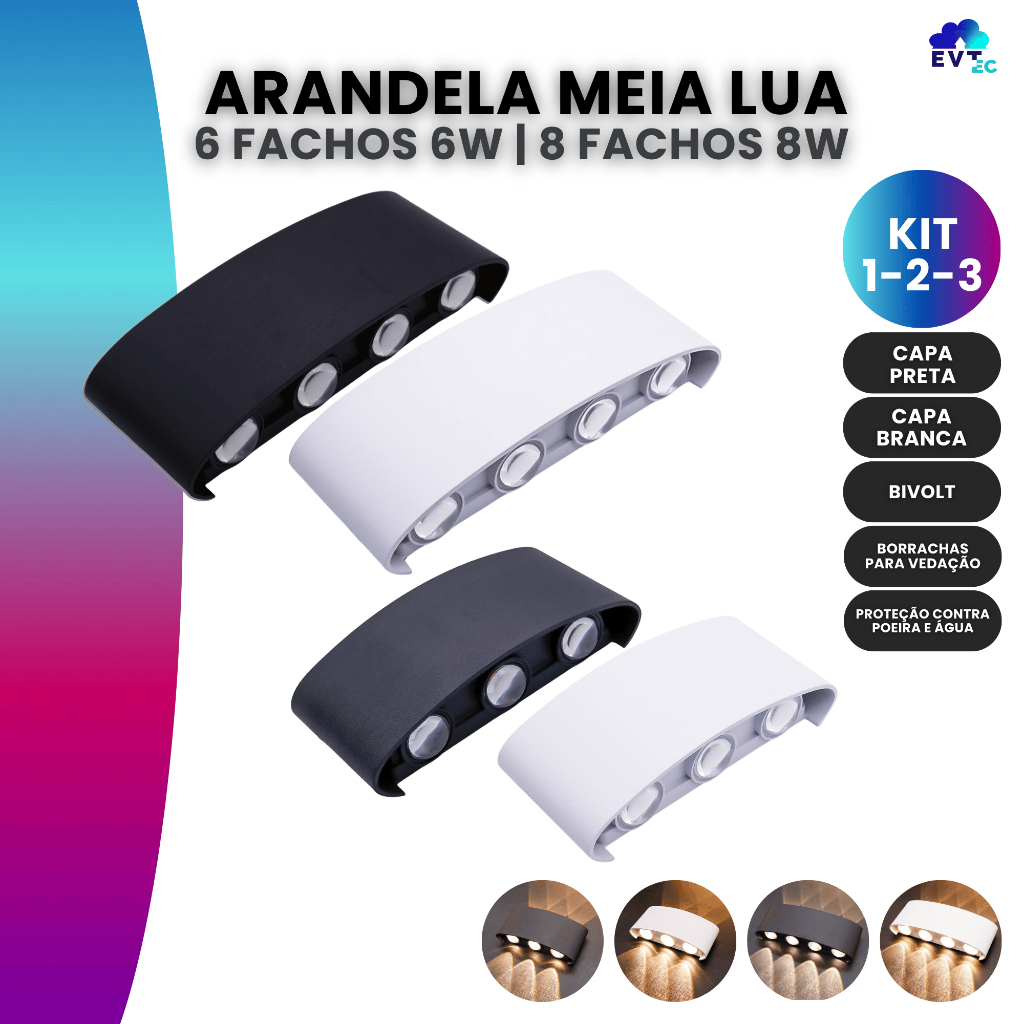 Kit Luminária Arandela Meia Lua Led 6w/8w 6/8 Fachos Cor Branca ou Preta Ip66 Bivolt 3000K em Oferta na Shopee