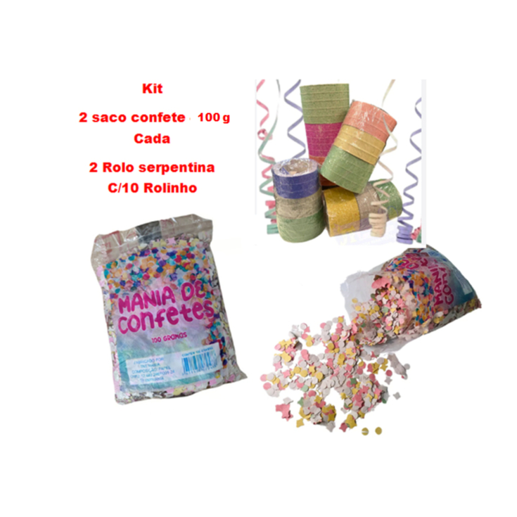 Kit 2 Saco Confete 200g + 2 Rolo Serpentina 200m Festa Carnaval Folia Comemorações TNT Mania