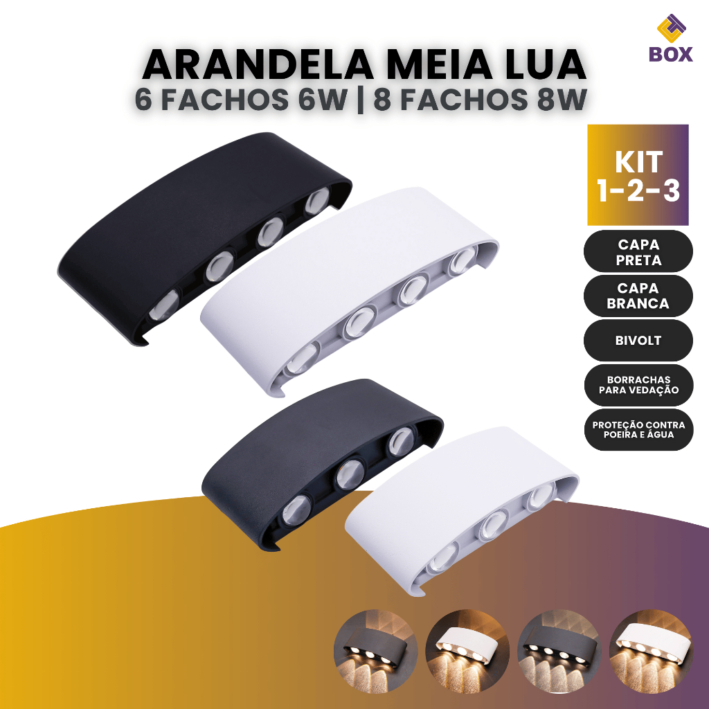 Luminária Arandela Meia Lua 6w/8w Led 6/8 Fachos Cor Branca ou Preta Ip66 Bivolt Branco Quente 3000K em Oferta na Shopee
