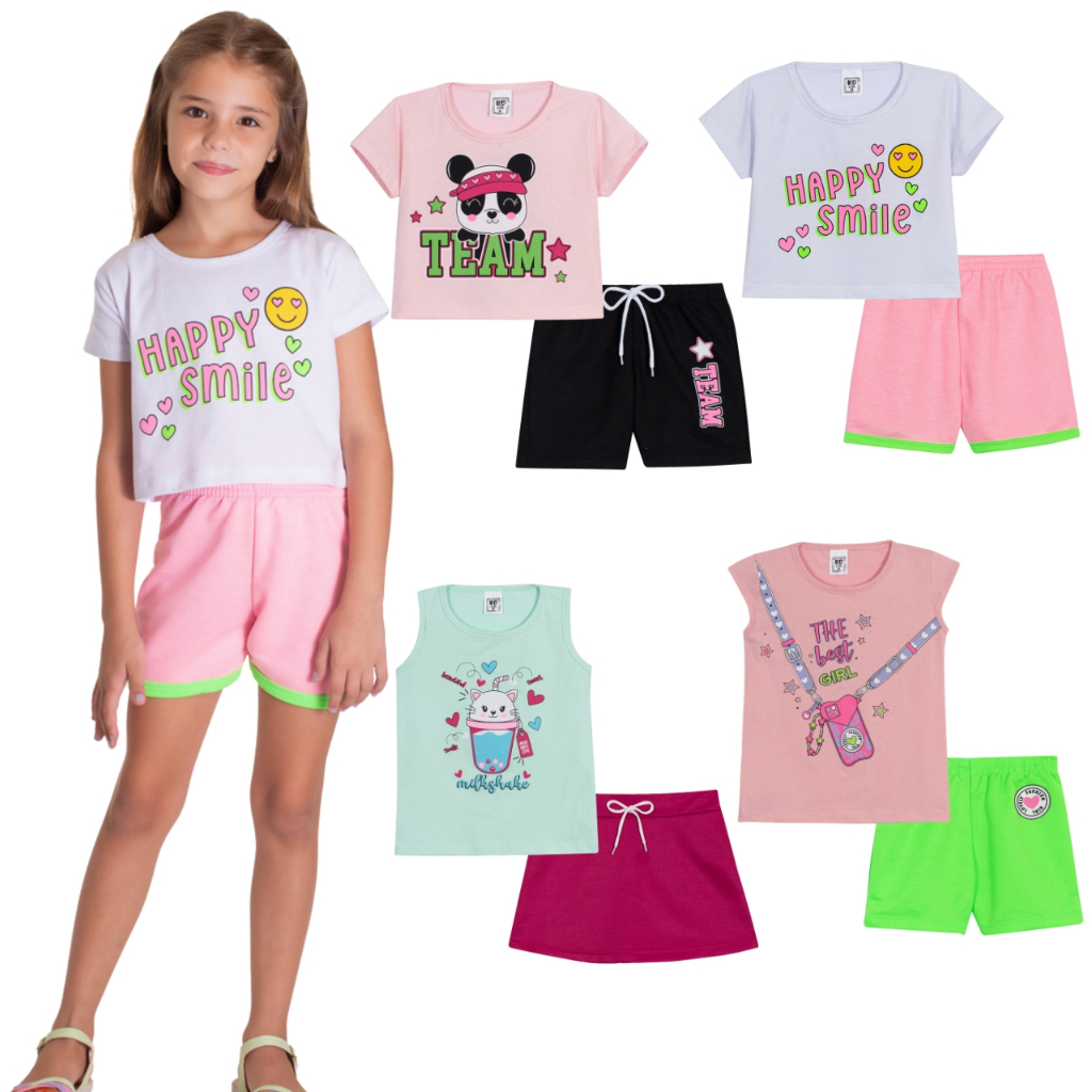 Kit Sortido 6 Peças de Roupas Infantil Menina 3 Camisetas 3 Bermudas Kit com 3 Conjuntos de Roupa Infantil Menina Verão