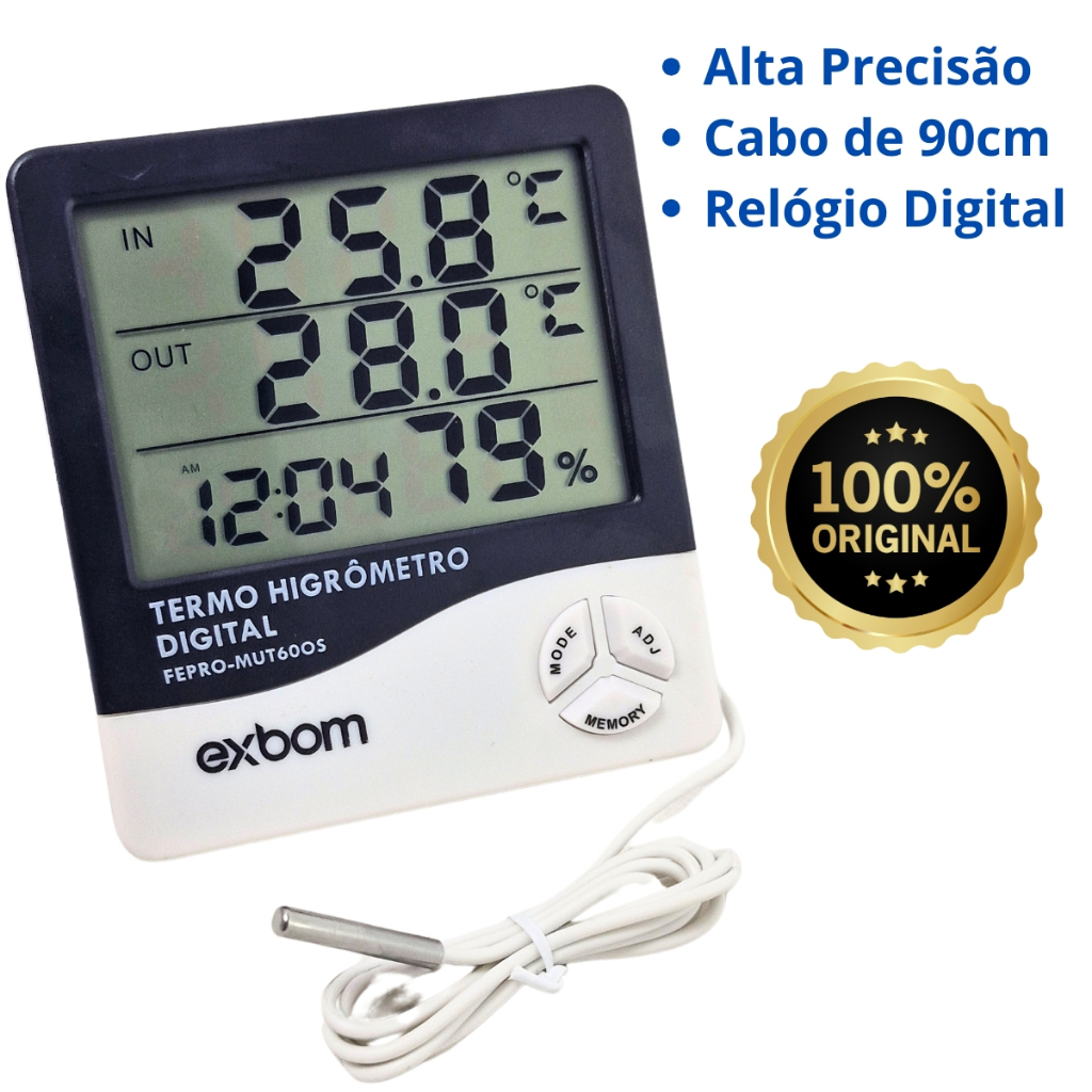 Medidor Temperatura e Umidade Termo Higrômetro Digital com Cabo Sensor Externo 90 cm  LCD Grande