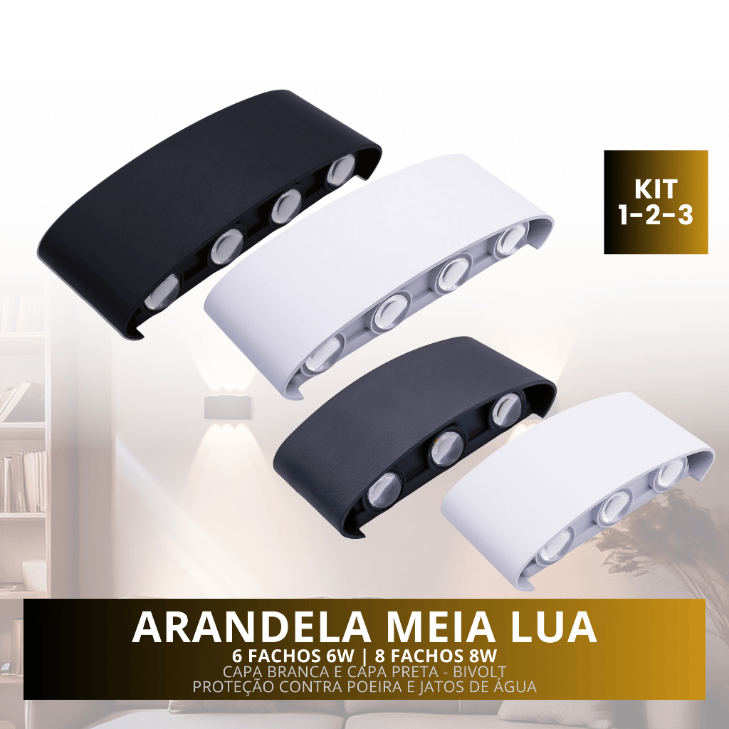 Luminária Arandela Meia Lua Led 6w/8w 6/8 Fachos Cor Branca ou Preta Bivolt Branco Quente 3000K Ip66 em Oferta na Shopee