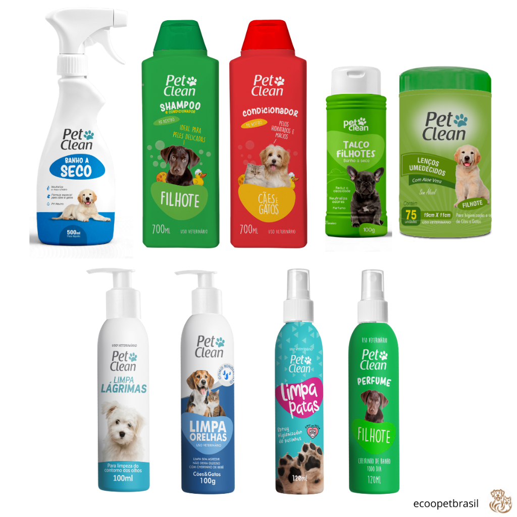 Kit Higiene Filhote Banho a Seco + Shampoo + Condicionador + Limpa Lágrima, Pata e Orelha + Lenço + Talco + Perfume Pet