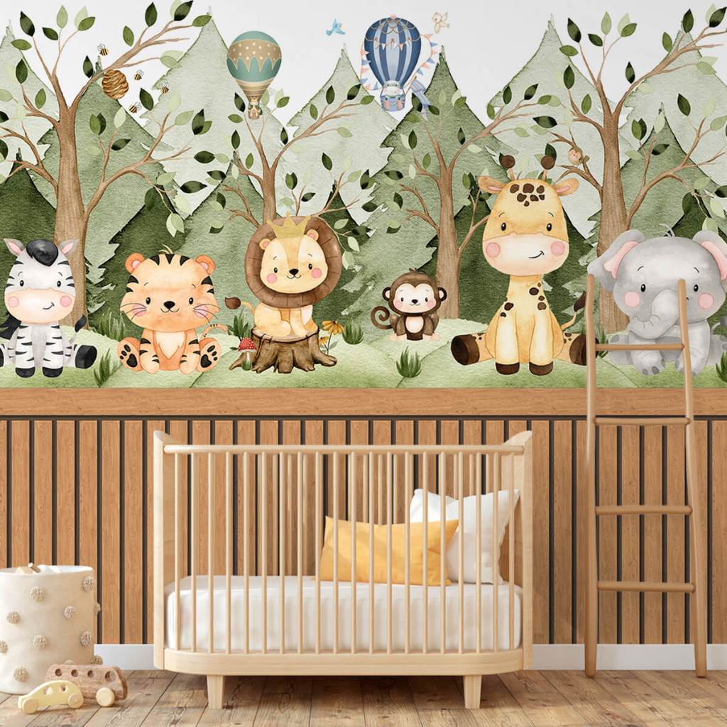 Papel De Parede Adesivo Infantil Safari Animais Na Floresta Com Ripado Madeira