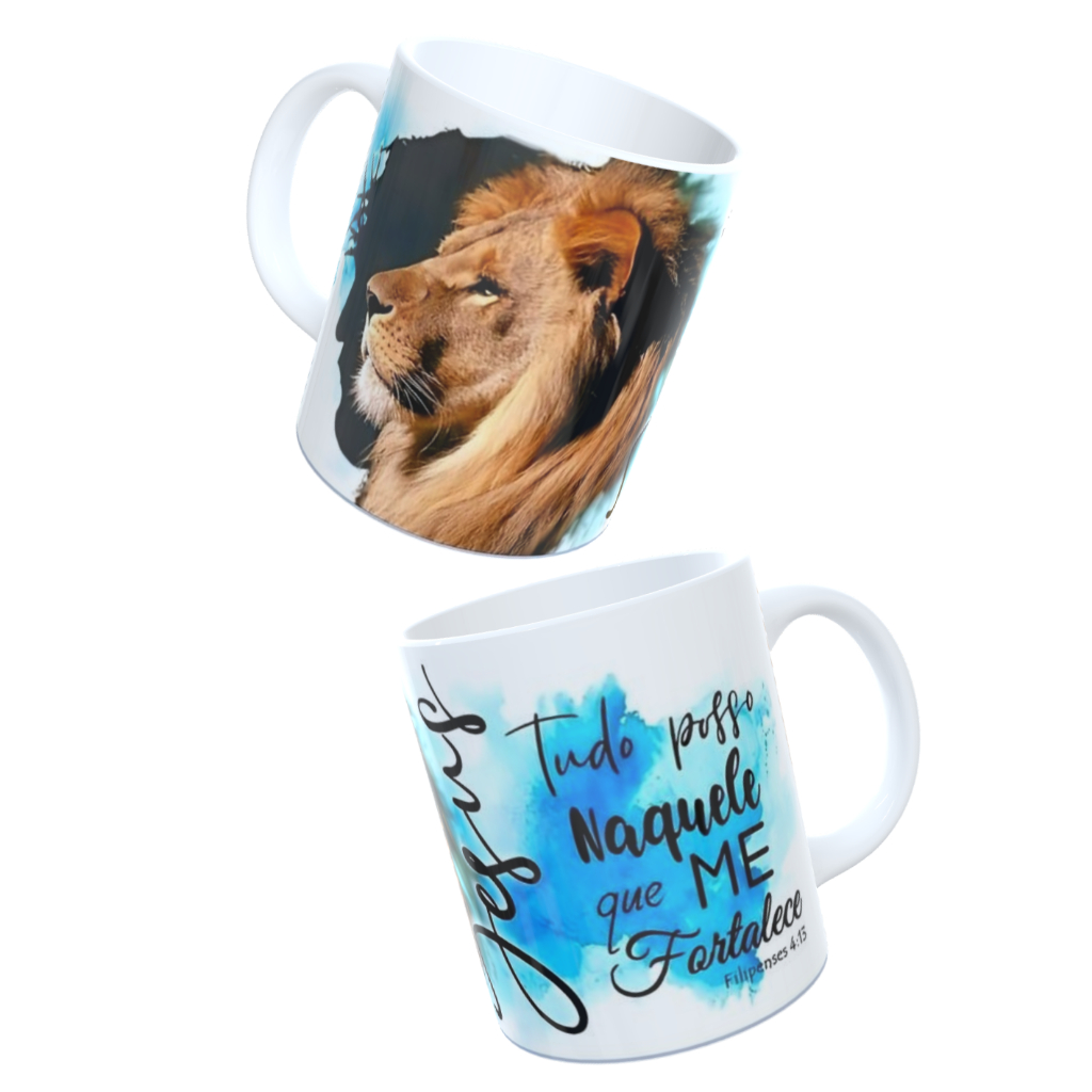 Caneca Xicara Leão de Judá com a Frase Tudo posso naquele que me fortalece Caneca Personalizada