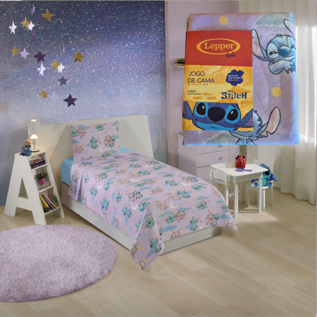 Jogo De Cama Solteiro Stitch Infantil Criança Juvenil Lepper 2 Peças Fronha e Sobrelençol