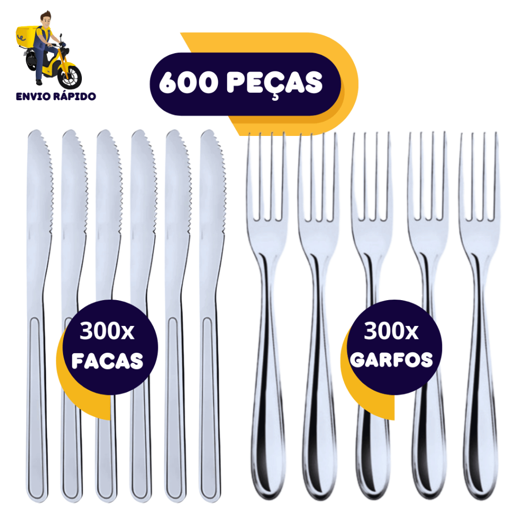 Kit 600 Talheres Inox  Jogo 300 Facas 300 Garfos Restaurantes Pizzarias Churrascaria Hotel