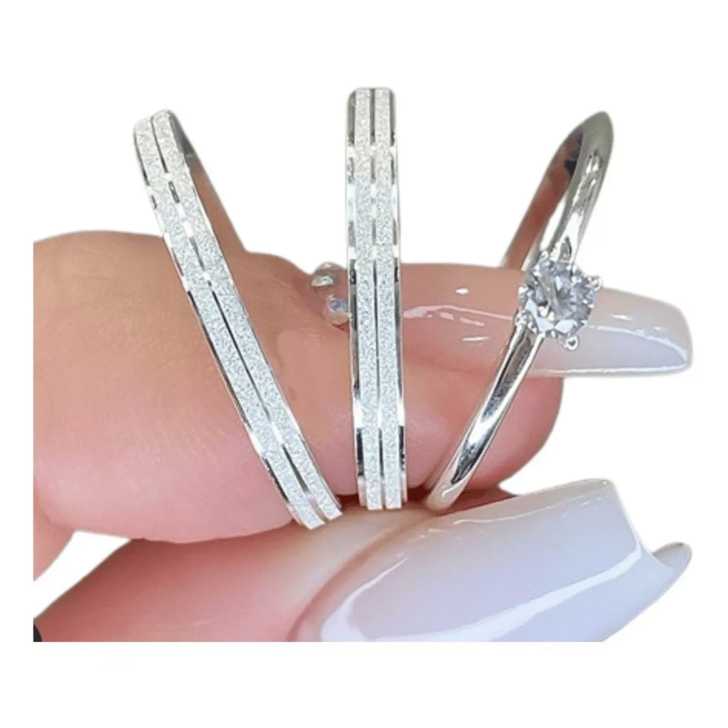 Par de Aliança Namoro Compromisso 3 mm Prata 950 + anel Solitario Noivado Gravação Grátis