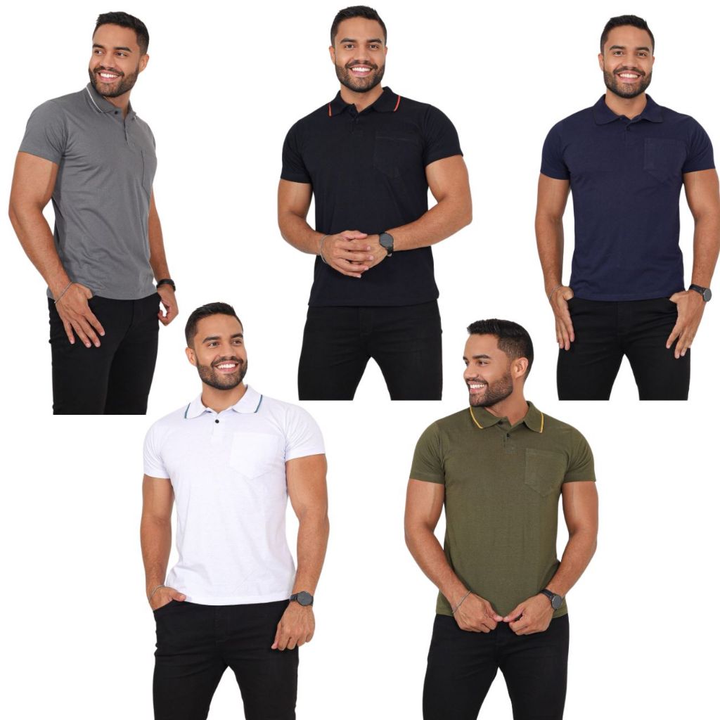 Kit 5 Camisetas Gola Polo Com Bolso Algodão Malha Fio 30 Manga Curta Estilo Casual Moda Masculino