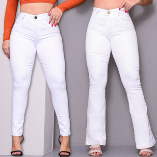 Calça Feminina Jeans Branca Skinny e Flare Wide Leg Enfermagem Hospital Medicina Lycra Bo…