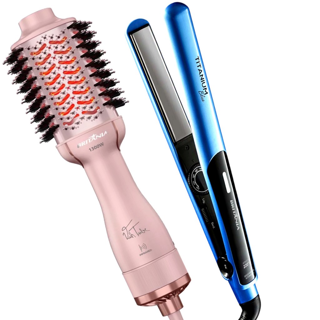 Escova Secadora Alisadora Britânia Ions Tourmaline 4 Em 1 1300w Tube Rose Bivolt Prancha Titanium 220ºc Blue