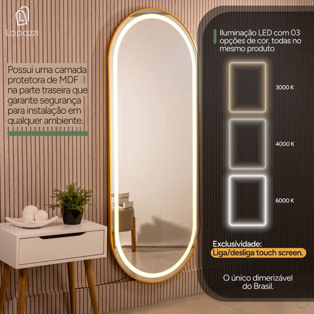 Espelho Corpo Inteiro 170x70 Oval Base Reta Retangular LED 3 Intensidades Jateado Touch Dimerizável - Home & Living