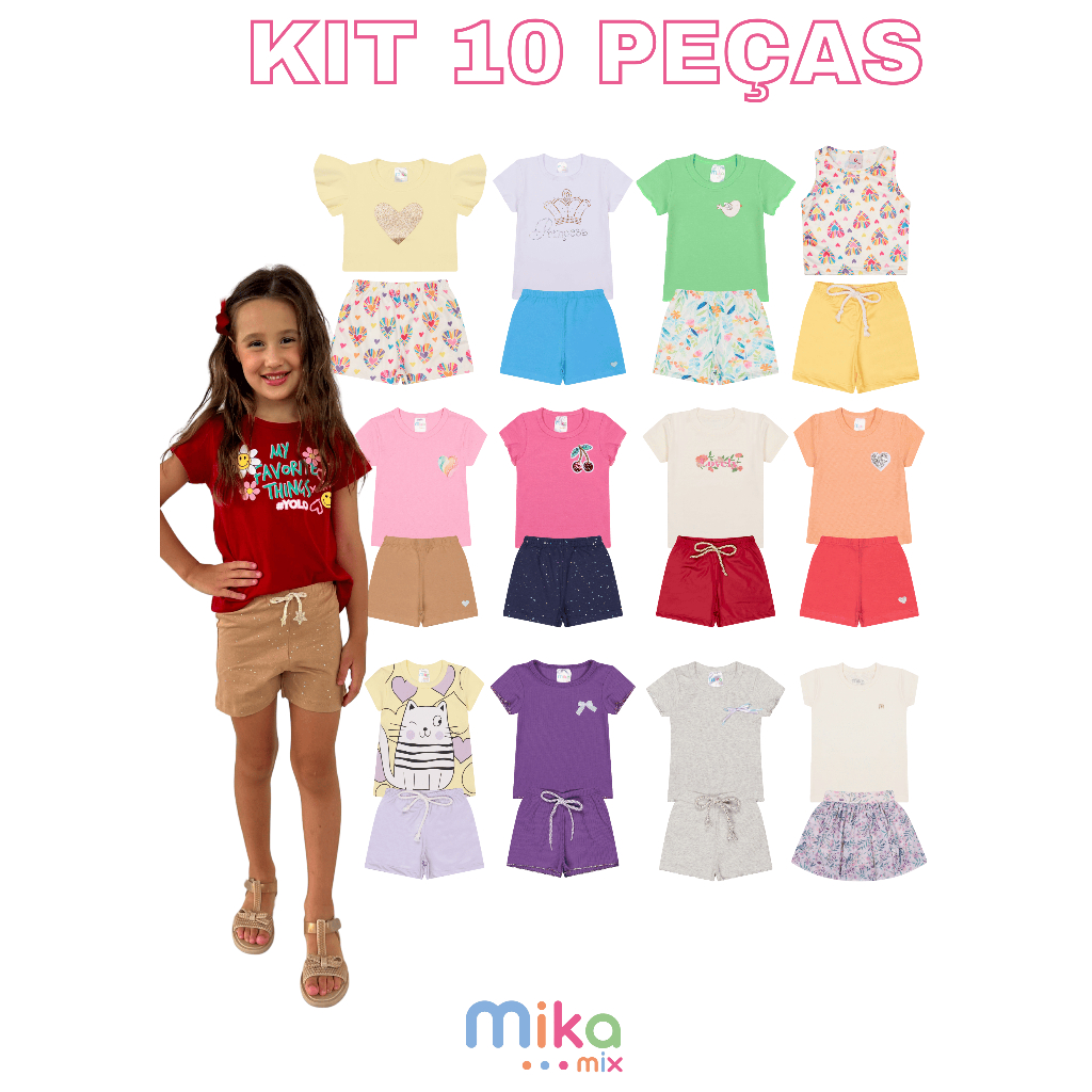 Kit Infantil Verão Menina 10 Peças – 5 Camisetas + 5 Shorts Sortidas (Tamanhos 1 a 8 Anos)