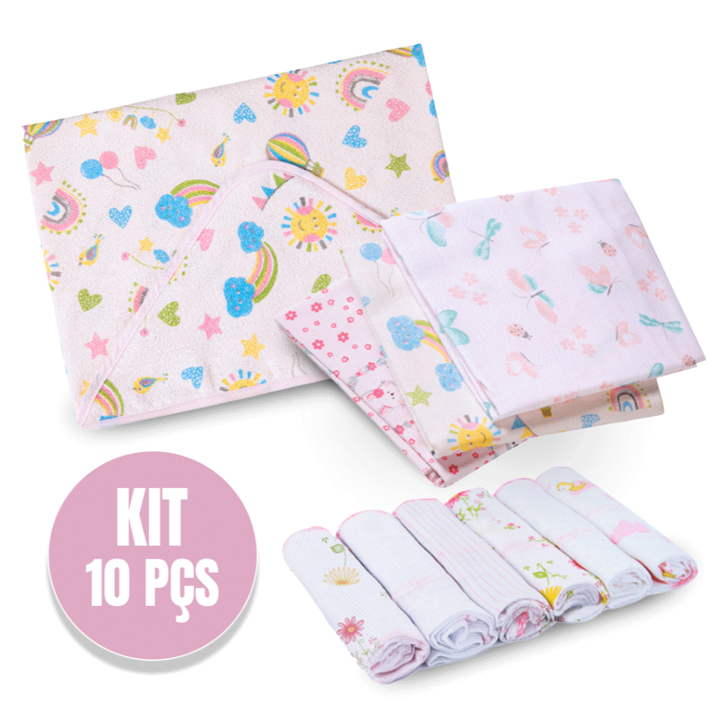 KIT 10 peças Prático e Completo! 1 Toalha forrada +3 cueiros 80x50cm estampados+6 paninhos de boca!