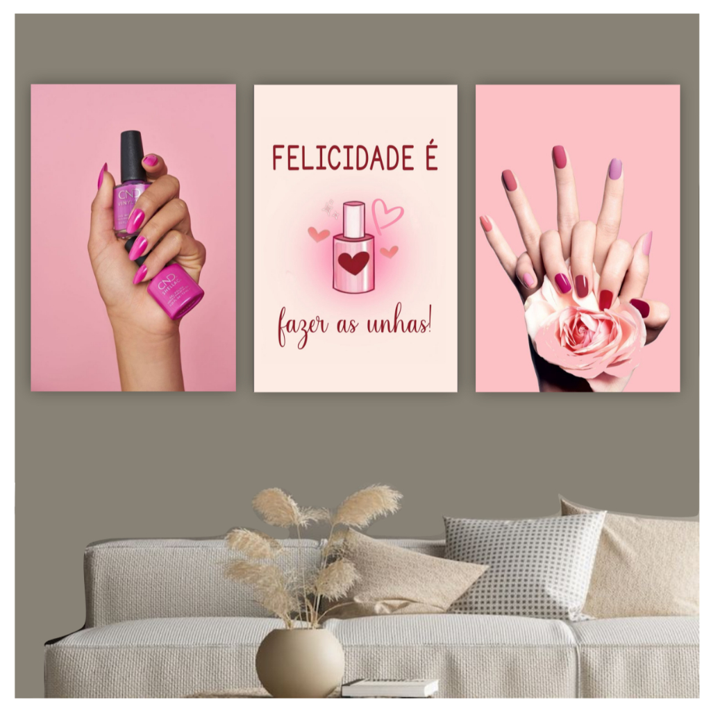 Quadro decorativo manicure nails designer esmalte decoração para salão de beleza rosa lindo unha