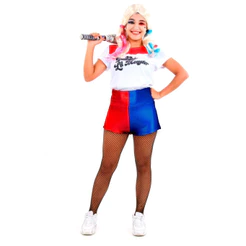 Fantasia Arlequina Adulta Pop Curta Com Camiseta e Shorts