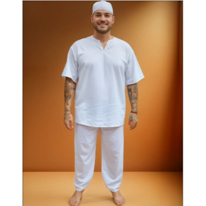 Roupa De Ração Masculina Umbanda Candomblé Branca e Preta 2 peças Conjunto Calça e Bata — imagem 2 de 2