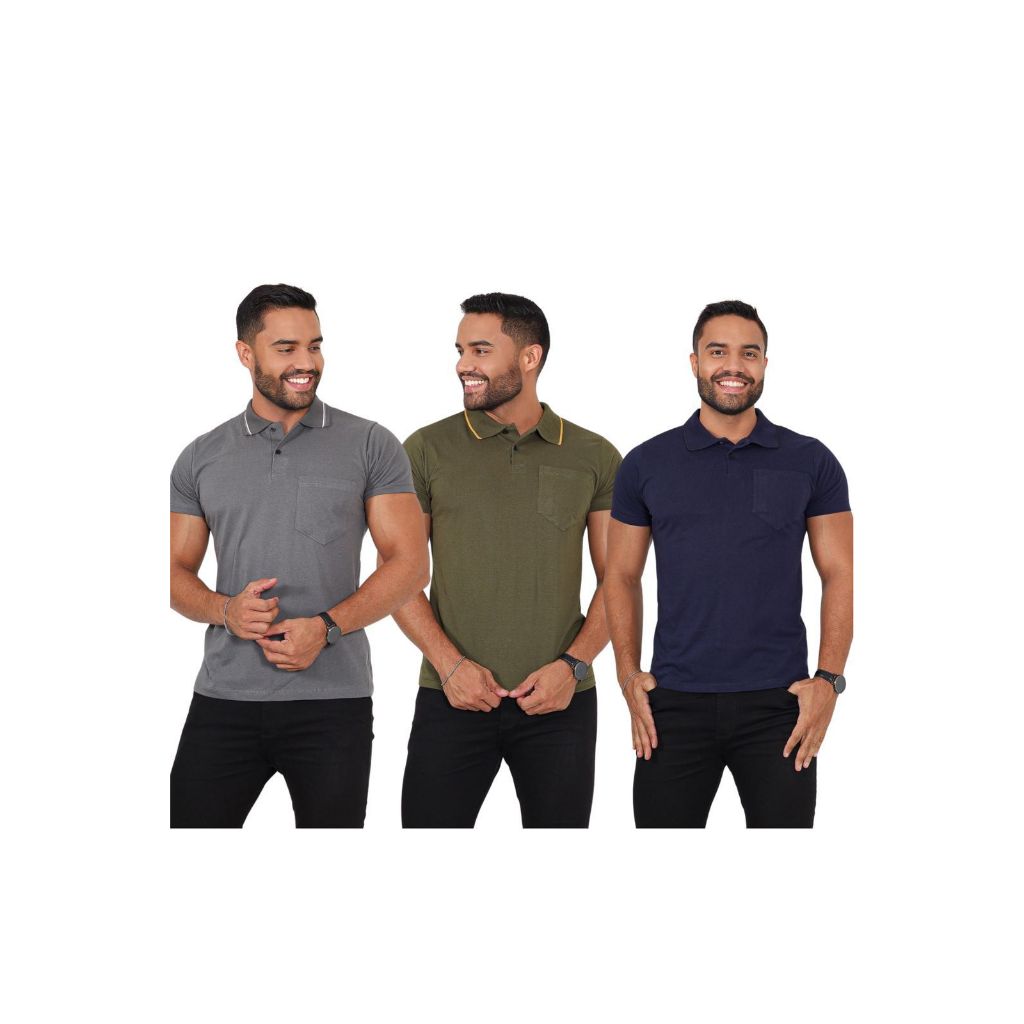Kit 3 Camisetas Gola Polo Com Bolso Algodão Malha Fio 30 Manga Curta Estilo Casual Moda Masculino