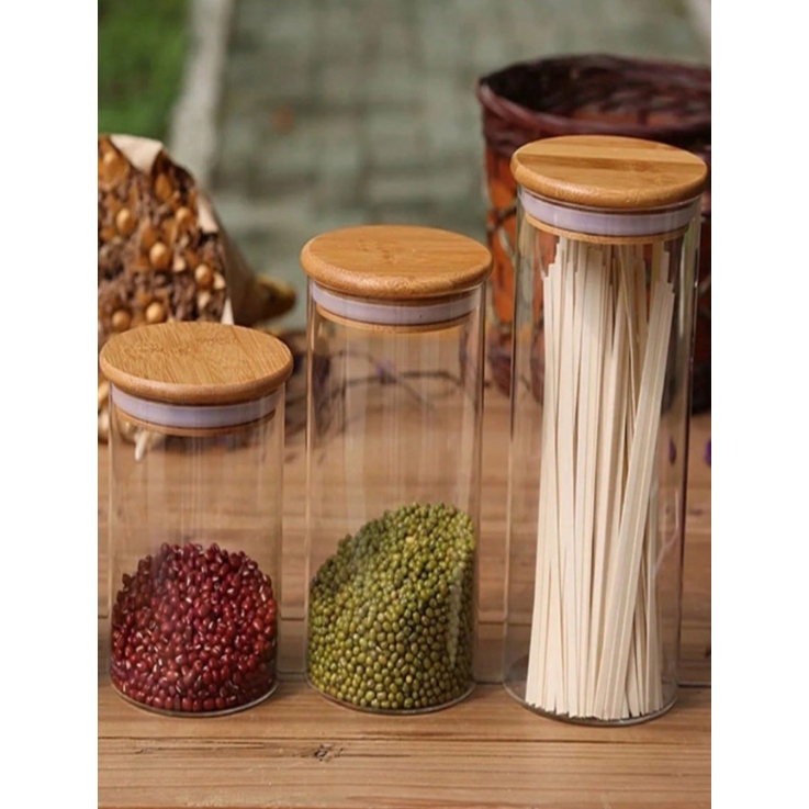 Kit 3 Potes De Vidro para Mantimentos com Tampa Bambu 200ml 250ml 300ml em Oferta na Shopee
