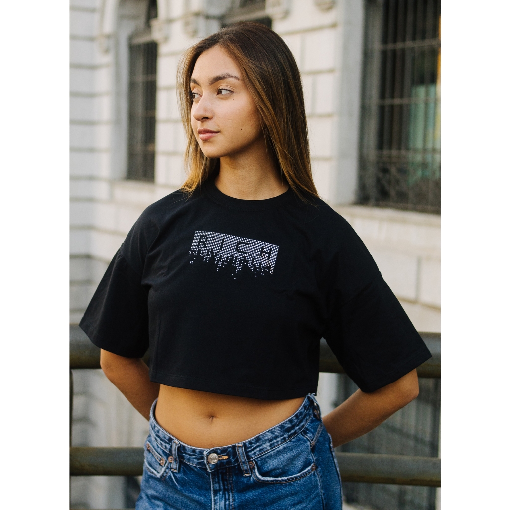 Camiseta Feminina T-shirt Cropped Strass Derretido Manga Curta Oversized Confortável Estilosa