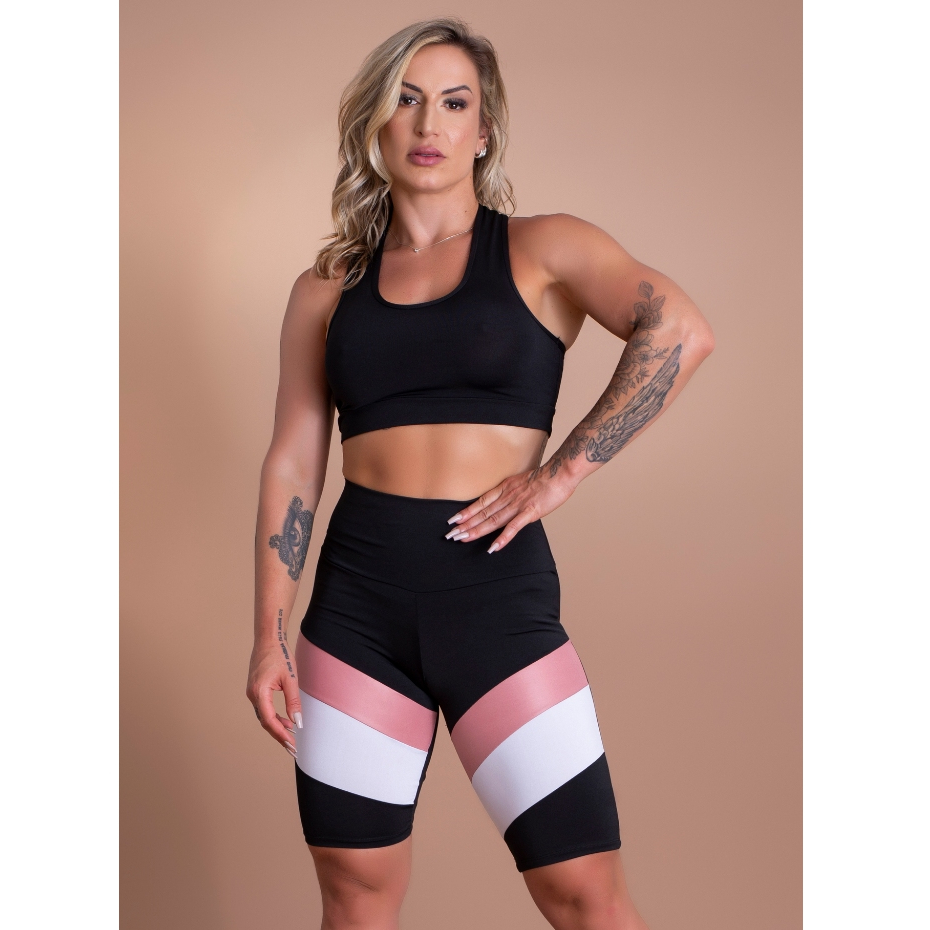Conjunto Fitness Feminino Bermuda Cintura Alta Detalhe Perna E Top Nadador Liso Básico Academia Treino GJR Modas