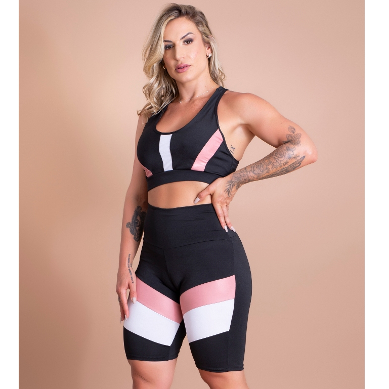 Conjunto Fitness Feminino Bermuda Cintura Alta Recorte Perna E Top Nadador Liso Sustentação Academia Treino GJR Modas