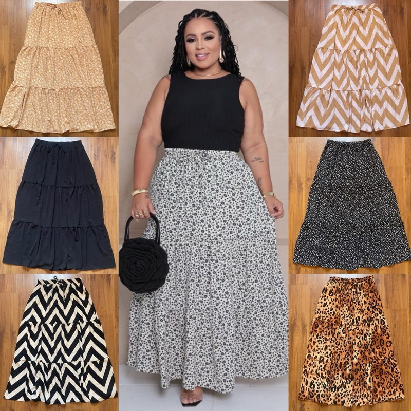 Saia longa feminina plus size estampada babado camadas tres marias tecido duna premium elástico. em Oferta na Shopee
