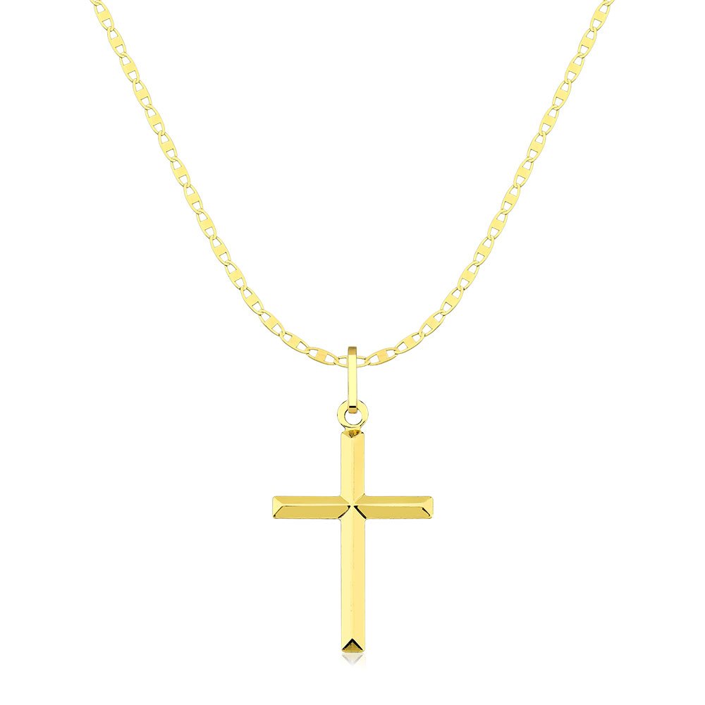 Cordão de ouro 18k masculino 60cm Piastrine e cruz facetada 2cm