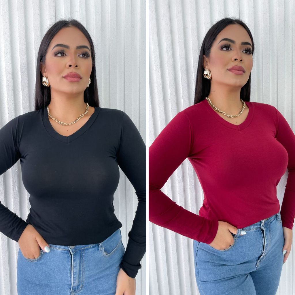 Kit 2 Blusas Femininas Gola V Manga Longa