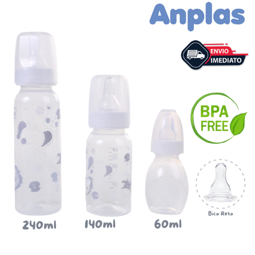 Kit Com 3 Mamadeiras Bico Silicone Reto Branca - 240ml/140ml/60ml Anplas Petita