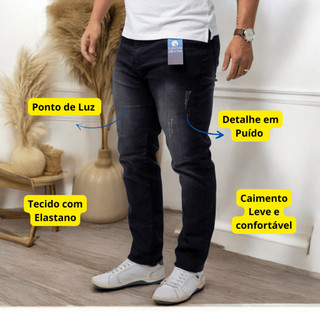 Calça Jeans Masculina Slim Preta Puído Used Masculino Tecido Leve Presente Pai