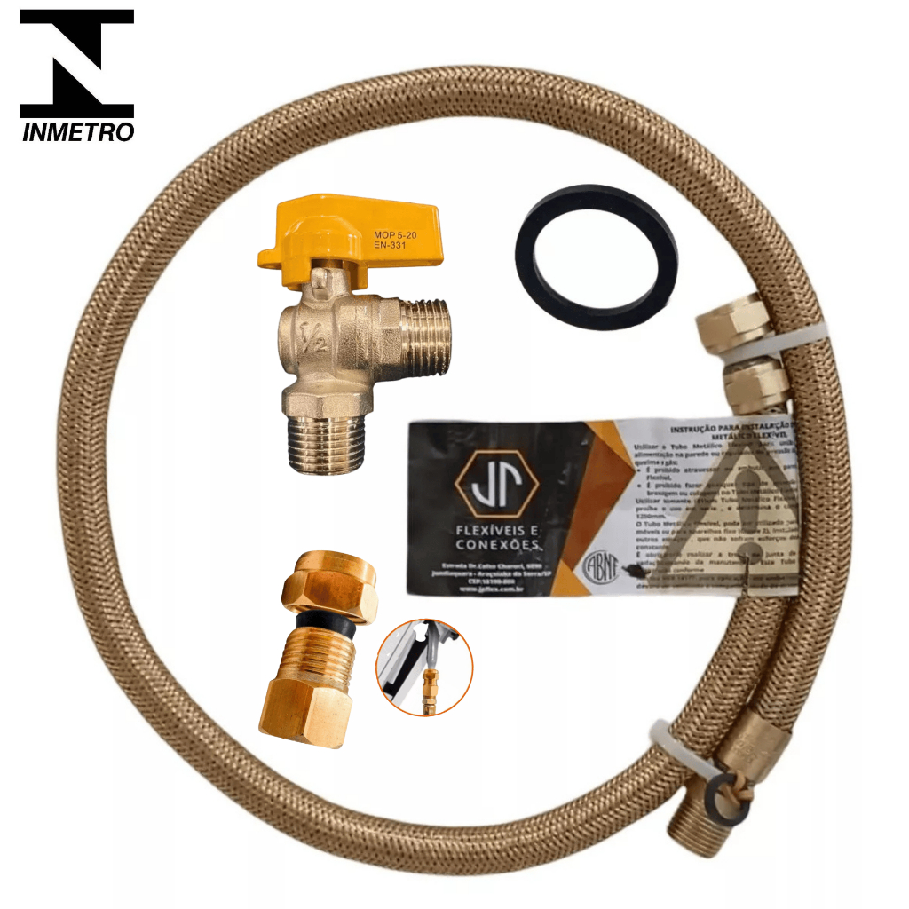 Kit Instalação de Gás Encanado Mangueira Cobre Inmetro 80cm + Adaptador Fêmea + Registro Macho Macho