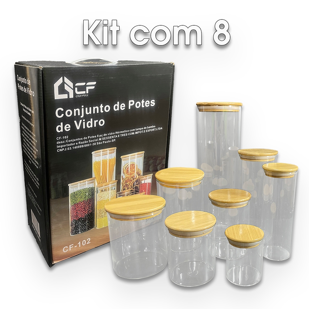 Kit 8 potes de vidro com tampa de bambu herméticos redondos