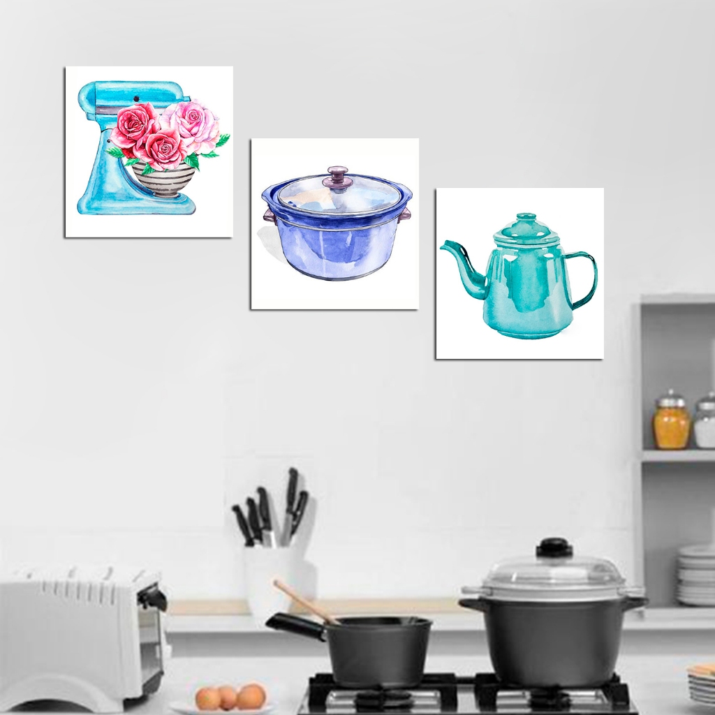 quadros para cozinha decoração de parede - imagens vintagem color colorido panela chaleira batedeira flore kit 3 20x20cm
