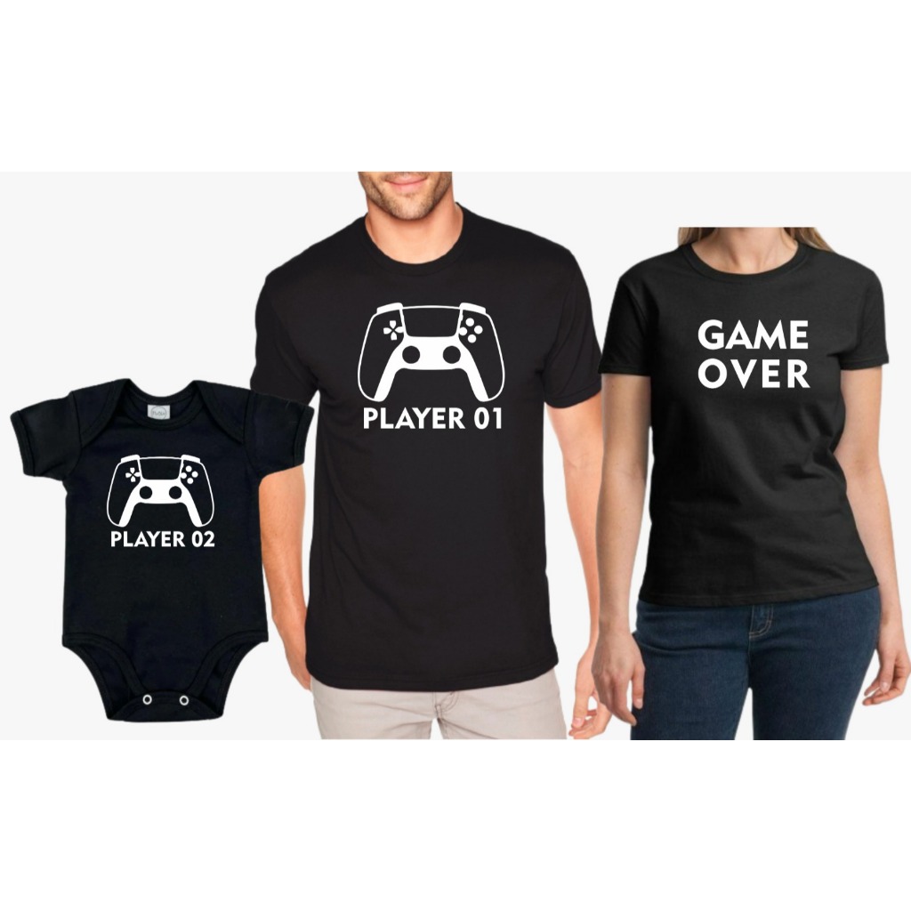 Kit 3 Peças Tal Pai Tal Mãe Tal FIlho (a) Player Game Over Kit de Camisetas para a Família