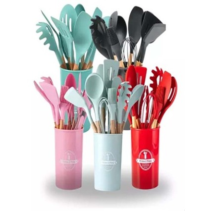 Kit Jogo de Cozinha Silicone, Utensílios e Copo Suporte para Cozinheiro Cabo de Madeira MasterChef