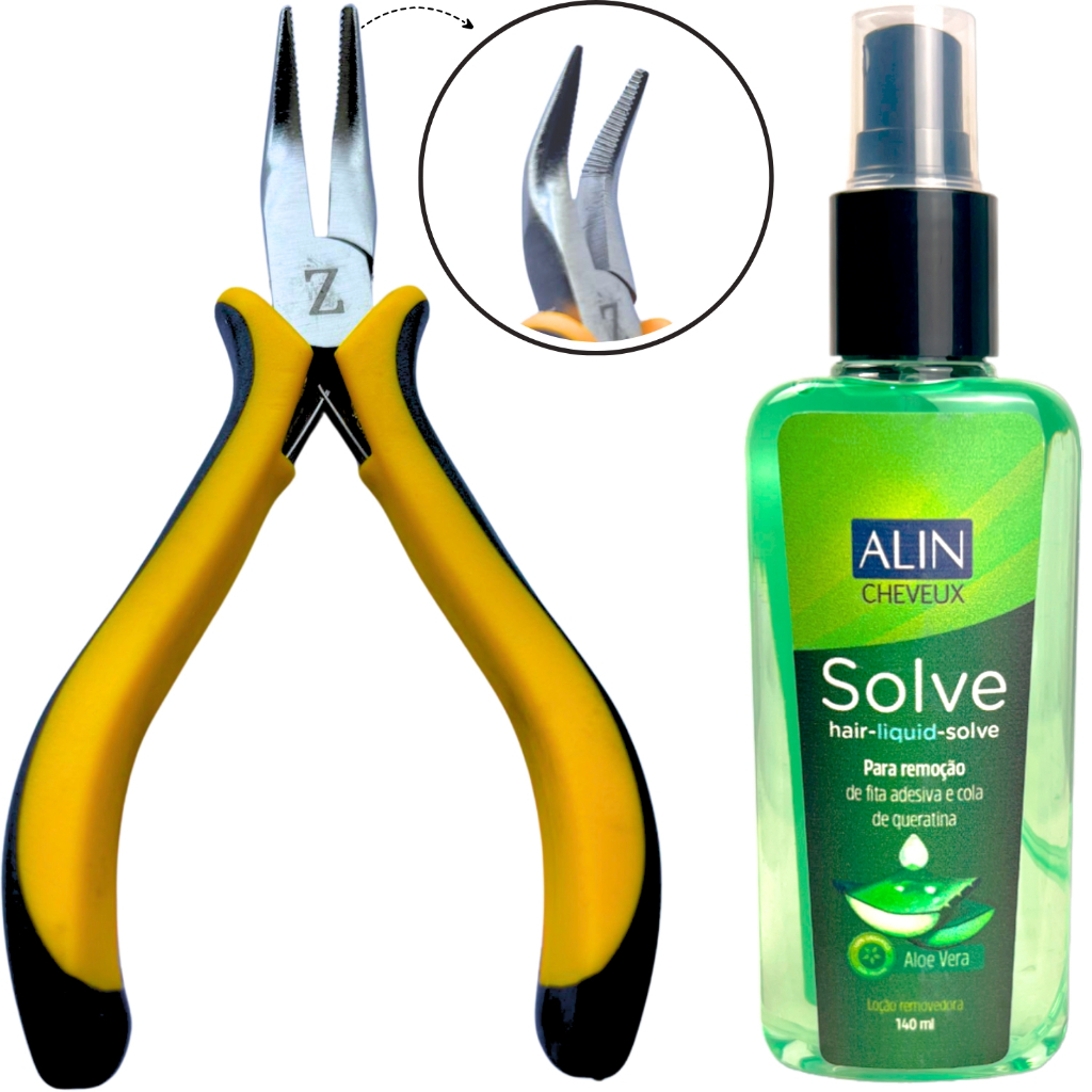 Kit Mega Hair Alicate Ponta Curvada + Removedor Alin Solve em Oferta na Shopee