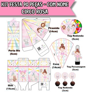 Lembrancinhas Personalizadas Temáticas CIRCO ROSA - Kit PEGUE E MONTE Completo com 90 itens