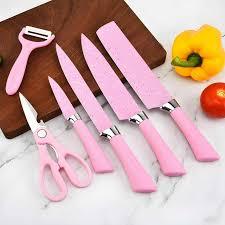kit Jogo Faca Rosa Cozinha Churrasco 6 Peças Tesoura E Ralador