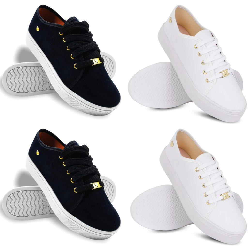 Kit 2 Tênis Feminino Pingente Coração Branco Preto Confortável Casual Slip On Leve